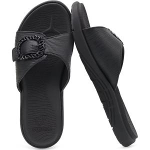 imageCOFACE Womens Dressy Orthotic Slides Lightweight Yoga Mat Thick Cushion Recovery Walking Sandals Adjustable Slip On Slippers with Comfortable Plantar Fasciitis Arch SupportBlack