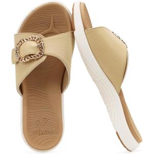 imageCOFACE Womens Dressy Orthotic Slides Lightweight Yoga Mat Thick Cushion Recovery Walking Sandals Adjustable Slip On Slippers with Comfortable Plantar Fasciitis Arch SupportBeige