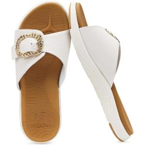 imageCOFACE Womens Dressy Orthotic Slides Lightweight Yoga Mat Thick Cushion Recovery Walking Sandals Adjustable Slip On Slippers with Comfortable Plantar Fasciitis Arch SupportWhite Brown