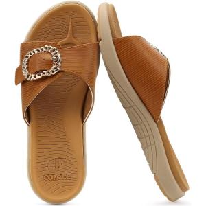 imageCOFACE Womens Dressy Orthotic Slides Lightweight Yoga Mat Thick Cushion Recovery Walking Sandals Adjustable Slip On Slippers with Comfortable Plantar Fasciitis Arch SupportKhaki