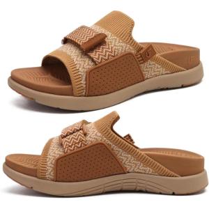 imageCOFACE Womens Orthotic Sandals Comfortable Plantar Fasciitis Arch Support Sandal Slippers Ladies Fashion Fabric Kint Slides Sandals with Lightweight Athletic Soft Cushion Footbed US Size 511Khaki