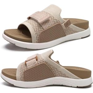 imageCOFACE Womens Orthotic Sandals Comfortable Plantar Fasciitis Arch Support Sandal Slippers Ladies Fashion Fabric Kint Slides Sandals with Lightweight Athletic Soft Cushion Footbed US Size 511Beige