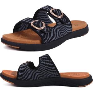 imageCOFACE Womens Orthotic Slides Comfort Plantar Fasciitis Arch Support Slip on Flat Sandals Ladies Soft Cushion Fashion Yoga Mat Slippers With Adjustable StrapsBlack Tan