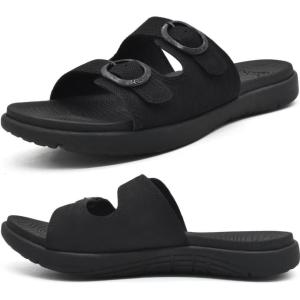 imageCOFACE Womens Orthotic Slides Comfort Plantar Fasciitis Arch Support Slip on Flat Sandals Ladies Soft Cushion Fashion Yoga Mat Slippers With Adjustable StrapsAllblack