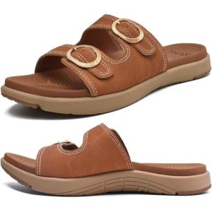 imageCOFACE Womens Orthotic Slides Comfort Plantar Fasciitis Arch Support Slip on Flat Sandals Ladies Soft Cushion Fashion Yoga Mat Slippers With Adjustable StrapsTan
