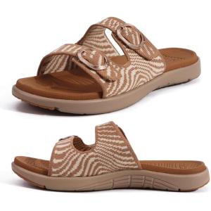 imageCOFACE Womens Orthotic Slides Comfort Plantar Fasciitis Arch Support Slip on Flat Sandals Ladies Soft Cushion Fashion Yoga Mat Slippers With Adjustable StrapsKhaki Beige