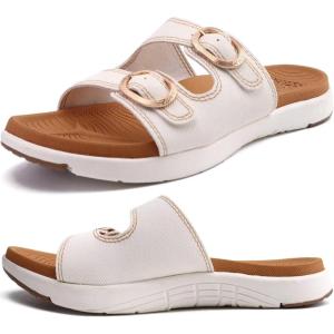 imageCOFACE Womens Orthotic Slides Comfort Plantar Fasciitis Arch Support Slip on Flat Sandals Ladies Soft Cushion Fashion Yoga Mat Slippers With Adjustable StrapsWhiteKhaki