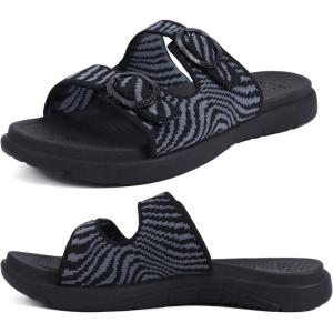 imageCOFACE Womens Orthotic Slides Comfort Plantar Fasciitis Arch Support Slip on Flat Sandals Ladies Soft Cushion Fashion Yoga Mat Slippers With Adjustable StrapsJet Black
