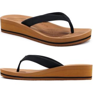 imageCOFACE Flip Flops for Women With Comfortable Arch Support Ladies Fashion Platform Thong Sandals Soft Yoga Mat Sole For BeachIndoor OutdoorBlack Khaki