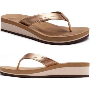imageCOFACE Flip Flops for Women With Comfortable Arch Support Ladies Fashion Platform Thong Sandals Soft Yoga Mat Sole For BeachIndoor OutdoorKhaki Gold