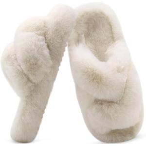 imageCOFACE Womens Fluff Slippers Open Toe Fuzzy Faux Fur Ladies House Fashion Platform Slide Shoes with Comfort Arch Support Indoor Outdoor SoleBeige