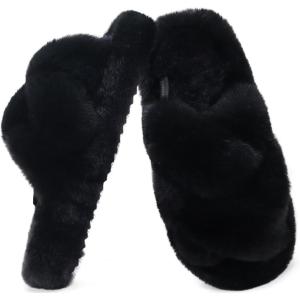 imageCOFACE Womens Fluff Slippers Open Toe Fuzzy Faux Fur Ladies House Fashion Platform Slide Shoes with Comfort Arch Support Indoor Outdoor SoleBlack