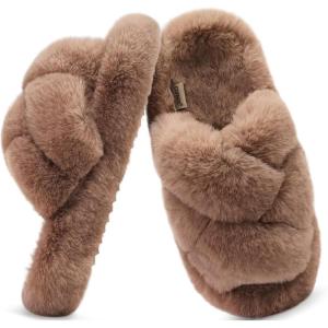 imageCOFACE Womens Fluff Slippers Open Toe Fuzzy Faux Fur Ladies House Fashion Platform Slide Shoes with Comfort Arch Support Indoor Outdoor SoleBrown