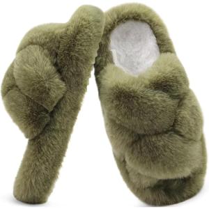 imageCOFACE Womens Fluff Slippers Open Toe Fuzzy Faux Fur Ladies House Fashion Platform Slide Shoes with Comfort Arch Support Indoor Outdoor SoleGreen