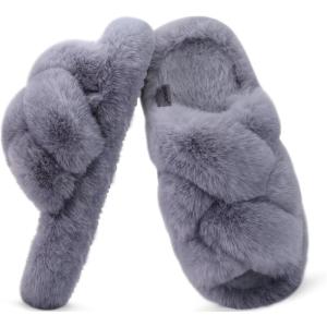 imageCOFACE Womens Fluff Slippers Open Toe Fuzzy Faux Fur Ladies House Fashion Platform Slide Shoes with Comfort Arch Support Indoor Outdoor SoleGrey