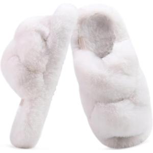 imageCOFACE Womens Fluff Slippers Open Toe Fuzzy Faux Fur Ladies House Fashion Platform Slide Shoes with Comfort Arch Support Indoor Outdoor SoleWhite
