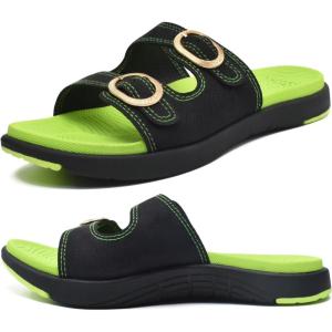 imageCOFACE Womens Orthotic Slides Comfort Plantar Fasciitis Arch Support Slip on Flat Sandals Ladies Soft Cushion Fashion Yoga Mat Slippers With Adjustable StrapsGreenBlack