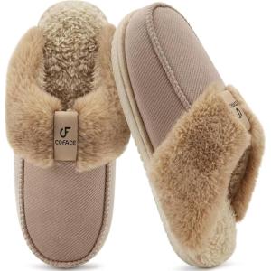 imageCOFACE Womens Memory Foam Cushion Slippers Warm Cozy Fuzzy Faux Fur Winter House Shoes Moccasin Indoor Outdoor With Arch Support Rubber SoleBeige Yellow
