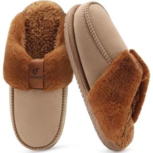 imageCOFACE Womens Memory Foam Cushion Slippers Warm Cozy Fuzzy Faux Fur Winter House Shoes Moccasin Indoor Outdoor With Arch Support Rubber SoleKhaki Brown