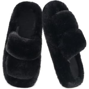 imageCOFACE Womens Fuzzy Slippers Memory Foam Open Toe Slip On House Shoes Size 511Black
