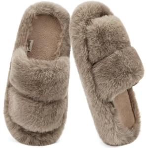imageCOFACE Womens Fuzzy Slippers Memory Foam Open Toe Slip On House Shoes Size 511Brown