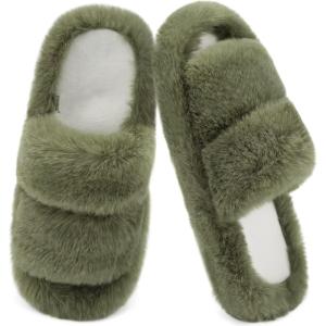 imageCOFACE Womens Fuzzy Slippers Memory Foam Open Toe Slip On House Shoes Size 511Green