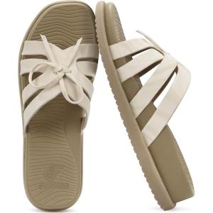 image:imageCOFACE Womens Dressy Orthotic Sandals Trendy Square Toe Comfortable Thick Athletic Cushion Recovery Walking Slides Lightweight Yoga Foam Flat with Plantar Fasciitis Arch SupportBeige