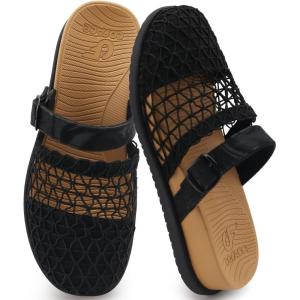 image:imageCOFACE Womens Orthotic Sandals Ladies Fashion Breathable Mesh Mules Round Toe Backless Loafers Slides Adjustable Wedge Heel Cushion Dressy Shoes With Comfortable Arch SupportBlack Khaki