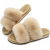 image:imageCOFACE Fuzzy Slippers for Women Open Toe Orthopedic Slippers Arch Support Fax Fur Slides Plantar Fasciitis Woman House Slippers IndoorBeige