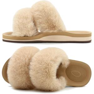 image:imageCOFACE Fuzzy Slippers for Women Open Toe Orthopedic Slippers Arch Support Fax Fur Slides Plantar Fasciitis Woman House Slippers IndoorBeige