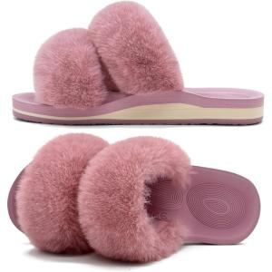 image:imageCOFACE Fuzzy Slippers for Women Open Toe Orthopedic Slippers Arch Support Fax Fur Slides Plantar Fasciitis Woman House Slippers IndoorPink