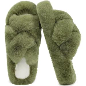 image:imageCOFACE Womens Fluff Slippers House Open Toe Faux Fur Ladies Fashion Platform Fuzzy Slide Shoes with Comfort Arch Support Indoor Outdoor SoleGreen