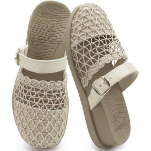 image:imageCOFACE Womens Orthotic Sandals Ladies Fashion Breathable Mesh Mules Round Toe Backless Loafers Slides Adjustable Wedge Heel Cushion Walking Sandles With Comfortable Arch SupportBeige