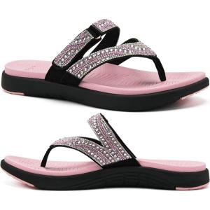 image:imageCOFACE Womens Rhinestone Orthopedic Flip Flops Lightweight Yoga Mat Thick Cushioned Recovery Walking Thong Sandals Adjustable Summer Beach Slippers with Comfortable Plantar Fasciitis Arch SupportPink Black