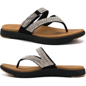 image:imageCOFACE Womens Rhinestone Orthopedic Flip Flops Lightweight Yoga Mat Thick Cushioned Recovery Walking Thong Sandals Adjustable Summer Beach Slippers with Comfortable Plantar Fasciitis Arch SupportBrown Black