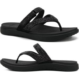 image:imageCOFACE Womens Rhinestone Orthopedic Flip Flops Lightweight Yoga Mat Thick Cushioned Recovery Walking Thong Sandals Adjustable Summer Beach Slippers with Comfortable Plantar Fasciitis Arch SupportBlack