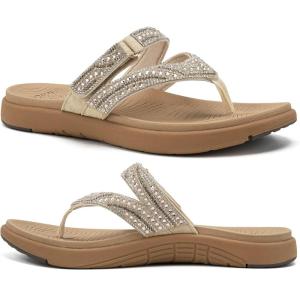 image:imageCOFACE Womens Rhinestone Orthopedic Flip Flops Lightweight Yoga Mat Thick Cushioned Recovery Walking Thong Sandals Adjustable Summer Beach Slippers with Comfortable Plantar Fasciitis Arch SupportBeige