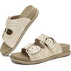 image:imageCOFACE Womens Stiched Trendy Summer Sandals Cloud Soft Cushioned Beach Slides Pattened Upper Double Adjustable Strap Big Buckle Open Toe Slip On Trending Flat Sandals for Vacations Outfit Size 612Beige