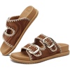 image:imageCOFACE Womens Stiched Trendy Summer Sandals Cloud Soft Cushioned Beach Slides Pattened Upper Double Adjustable Strap Big Buckle Open Toe Slip On Trending Flat Sandals for Vacations Outfit Size 612BeigeKhaki