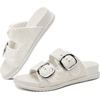 image:imageCOFACE Womens Stiched Trendy Summer Sandals Cloud Soft Cushioned Beach Slides Pattened Upper Double Adjustable Strap Big Buckle Open Toe Slip On Trending Flat Sandals for Vacations Outfit Size 612Cream White