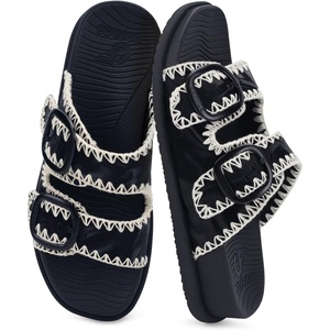 image:imageCOFACE Womens Stiched Trendy Summer Sandals Cloud Soft Cushioned Beach Slides Pattened Upper Double Adjustable Strap Big Buckle Open Toe Slip On Trending Flat Sandals for Vacations Outfit Size 612Black