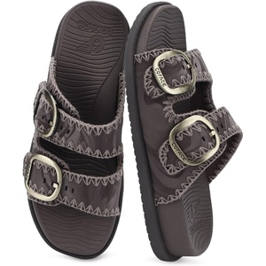 image:imageCOFACE Womens Stiched Trendy Summer Sandals Cloud Soft Cushioned Beach Slides Pattened Upper Double Adjustable Strap Big Buckle Open Toe Slip On Trending Flat Sandals for Vacations Outfit Size 612Brown