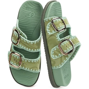 image:imageCOFACE Womens Stiched Trendy Summer Sandals Cloud Soft Cushioned Beach Slides Pattened Upper Double Adjustable Strap Big Buckle Open Toe Slip On Trending Flat Sandals for Vacations Outfit Size 612Green