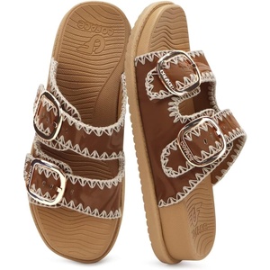image:imageCOFACE Womens Stiched Trendy Summer Sandals Cloud Soft Cushioned Beach Slides Pattened Upper Double Adjustable Strap Big Buckle Open Toe Slip On Trending Flat Sandals for Vacations Outfit Size 612BeigeKhaki