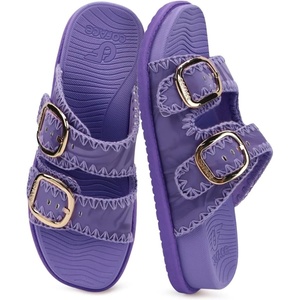 image:imageCOFACE Womens Stiched Trendy Summer Sandals Cloud Soft Cushioned Beach Slides Pattened Upper Double Adjustable Strap Big Buckle Open Toe Slip On Trending Flat Sandals for Vacations Outfit Size 612Purple