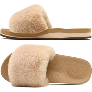 image:imageCOFACE Fuzzy Womens Slippers with Arch Support Open Toe Orthopedic Fur Slipper Indoor OutdoorBeige