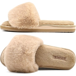 image:imageCOFACE Fuzzy Womens Slippers with Arch Support Open Toe Orthopedic Fur Slipper Indoor OutdoorBeige With Fur