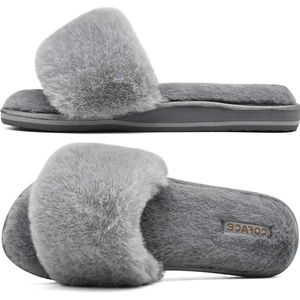 image:imageCOFACE Fuzzy Womens Slippers with Arch Support Open Toe Orthopedic Fur Slipper Indoor OutdoorGrey With Fur