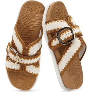 image:imageCOFACE Womens Flat Sandals Summer Beach 2026 Trendy Dressy Walking Sandals with Arch Support Outdoor Slides for Women Plantar Fasciitis Relif SlidesWhitekhaki