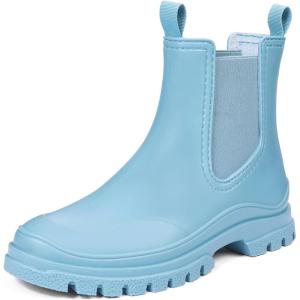 imageDKSUKO Womens Short Rain Boots Rubber Waterproof Garden Boots Elastic Slip On Ankle Chelsea Boot Fashion Insulated Rain Shoe for Outdoor Work Thick SoleSky Blue
